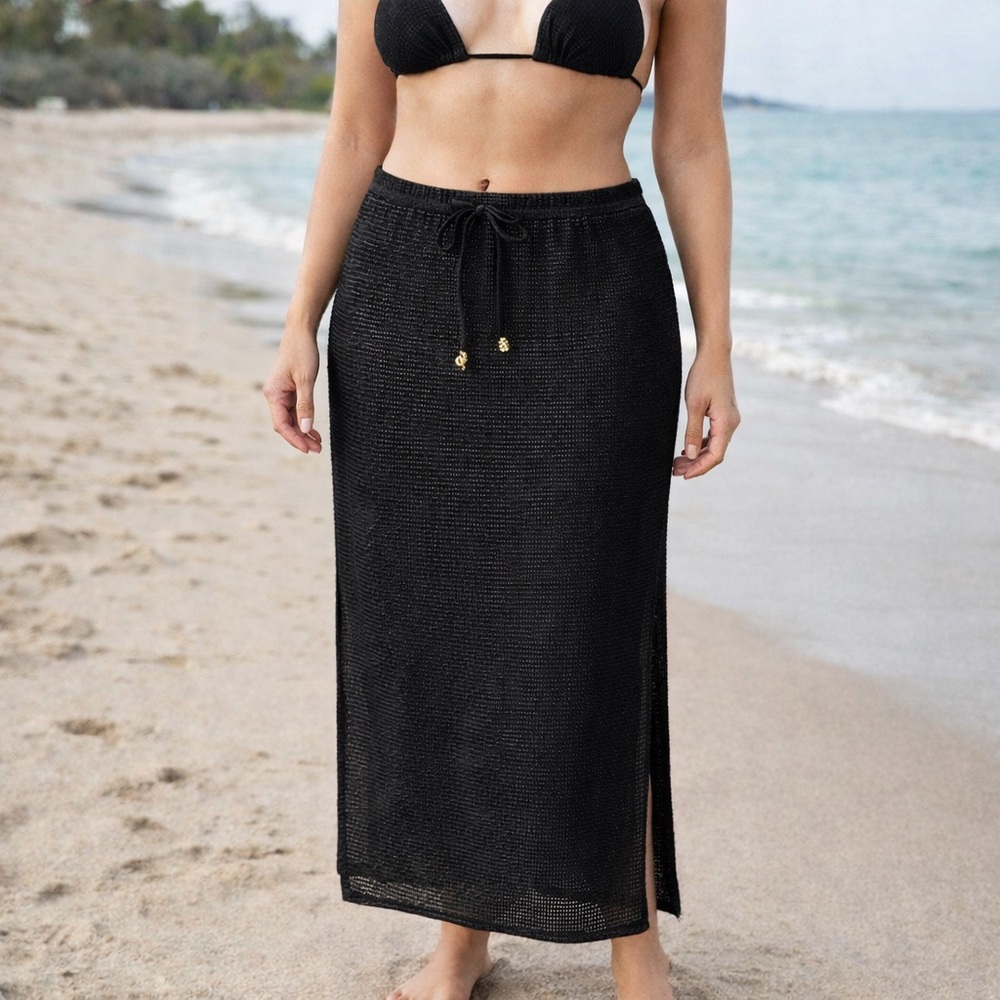 NWT Black Textured Swim Cover-Up Skirt | Drawstring Waist | Resort Beach